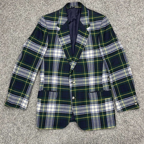 VTG Triminghams BermudaPlaid Green Wool Cotton Blazer Sport Jacket 2 Button